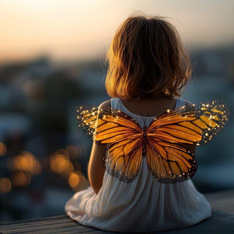 Ein kleines Mädchen schaut in die Ferne auf Lichter die funkeln. Sie sitzt entspannt. Auf ihrem Rücken trägt sie Schmetterlingsflügel.