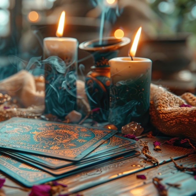 Mystische Szene mit Tarotkarten, Kerzenlicht und aufsteigendem Räucherrauch.