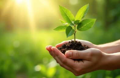 kleine Pflanze in der Hand, Hintergrund Wiese unscharf und eine strahlende Sonne - Wachstum