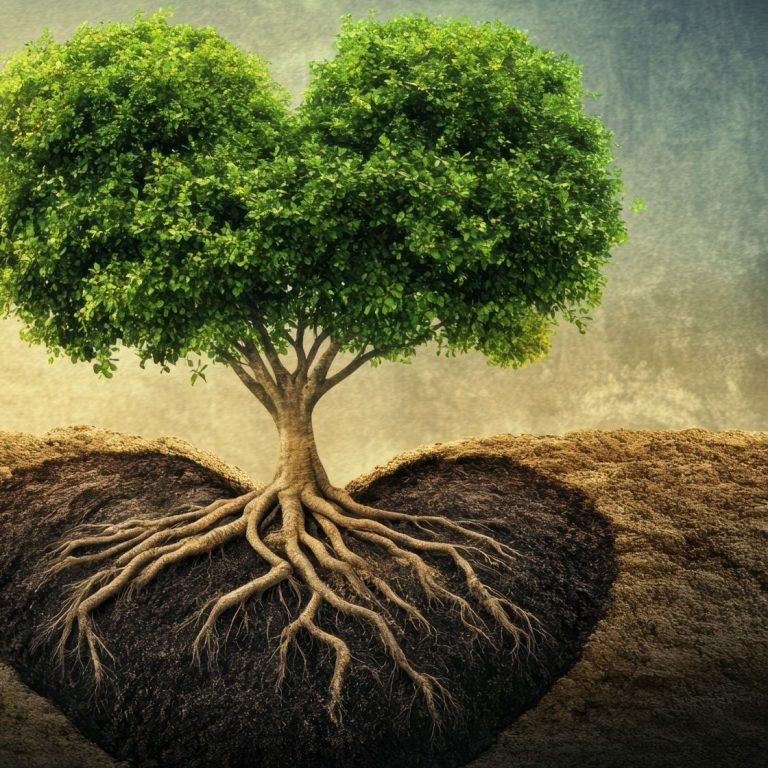 Ein Baum in Herzform: Seine Krone öffnet sich nach oben, seine Wurzeln reichen tief in die Erde und geben Halt, Stärke und Sicherheit.